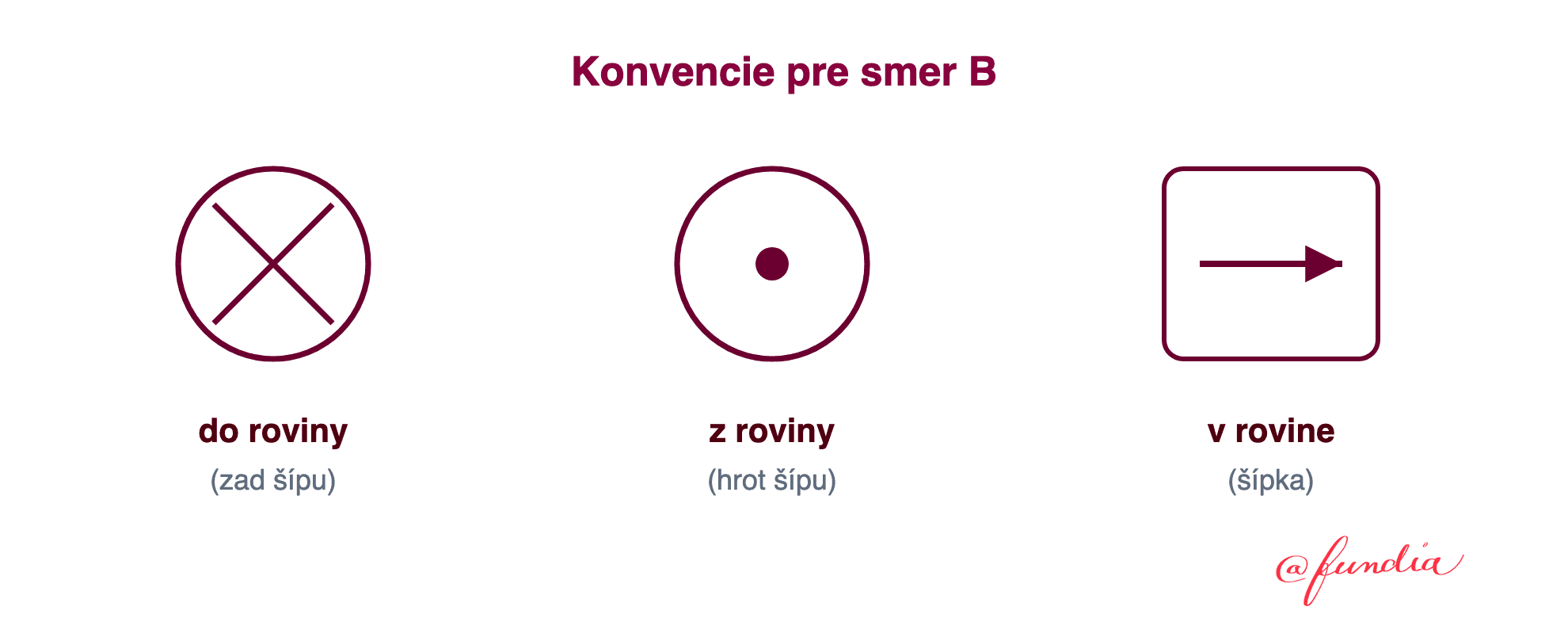 Tri spôsoby kreslenia smeru magnetickej indukcie B: krížik v krúžku pre pole smerujúce do roviny (zad šípu), bodka v krúžku pre pole z roviny k nám (hrot šípu) a vodorovná šípka pre pole ležiace v rovine.